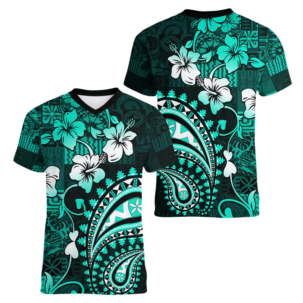 Fiji Masi Paisley Women V Neck T Shirt Fijian Hibiscus Tapa Turquoise Version LT01 - Polynesian Pride