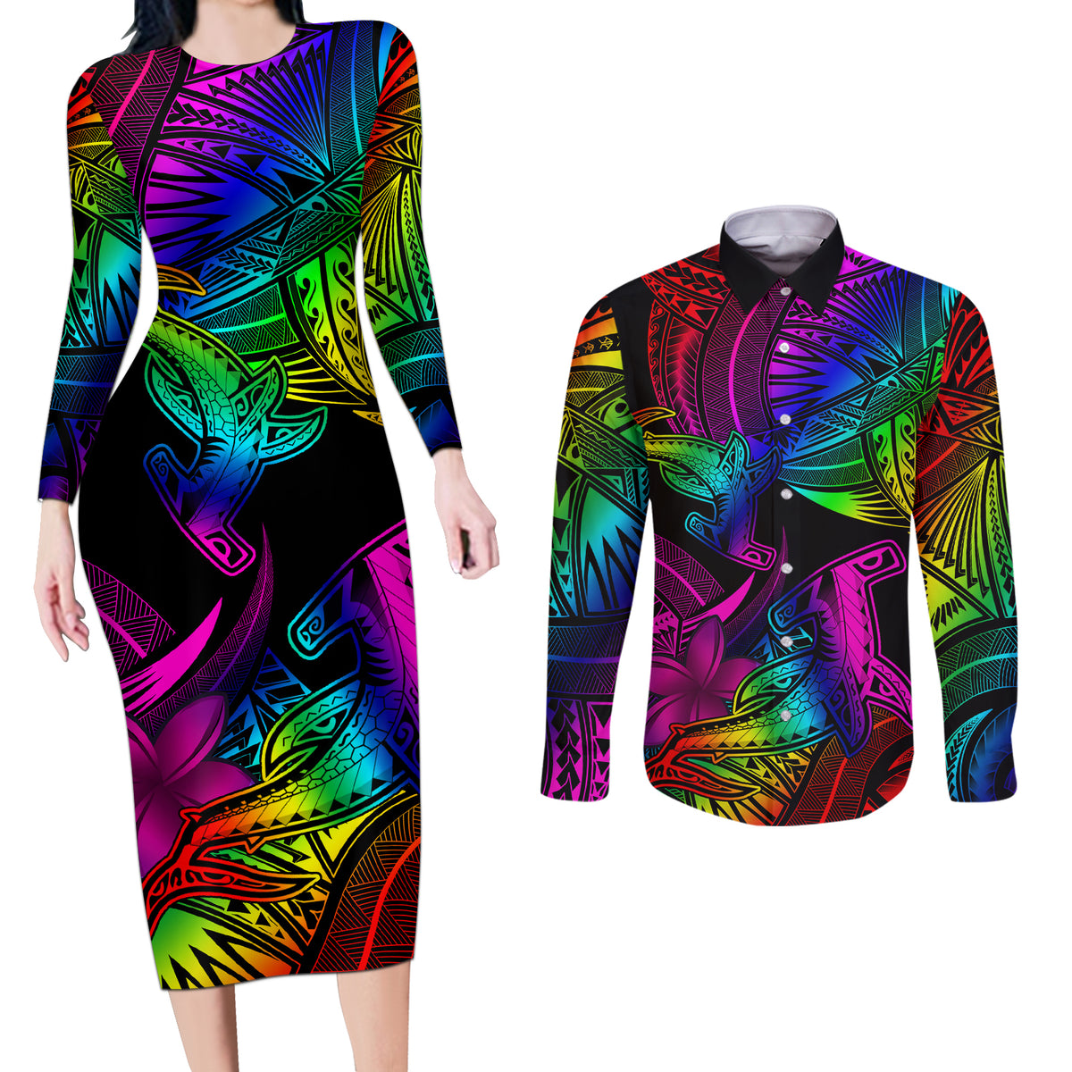 LGBT History Month Couples Matching Long Sleeve Bodycon Dress and Long Sleeve Button Shirt Polynesian Hammerhead Shark LT01 Rainbow - Polynesian Pride