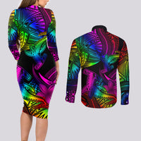 LGBT History Month Couples Matching Long Sleeve Bodycon Dress and Long Sleeve Button Shirt Polynesian Hammerhead Shark LT01 - Polynesian Pride