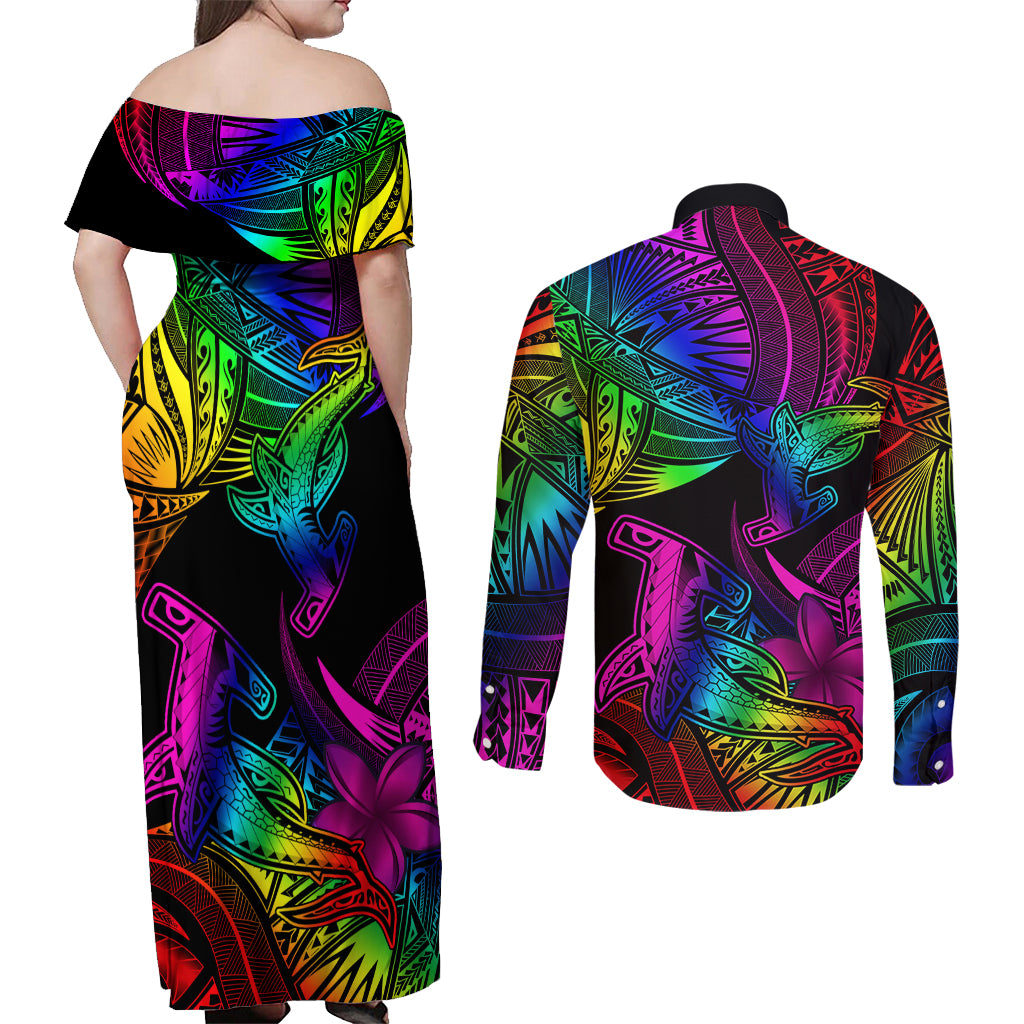 LGBT History Month Couples Matching Off Shoulder Maxi Dress and Long Sleeve Button Shirt Polynesian Hammerhead Shark LT01 - Polynesian Pride