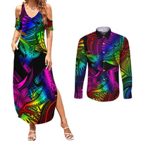 LGBT History Month Couples Matching Summer Maxi Dress and Long Sleeve Button Shirt Polynesian Hammerhead Shark LT01 Rainbow - Polynesian Pride