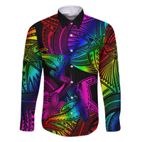LGBT History Month Family Matching Tank Maxi Dress and Hawaiian Shirt Polynesian Hammerhead Shark LT01 Dad's Shirt - Long Sleeve Rainbow - Polynesian Pride