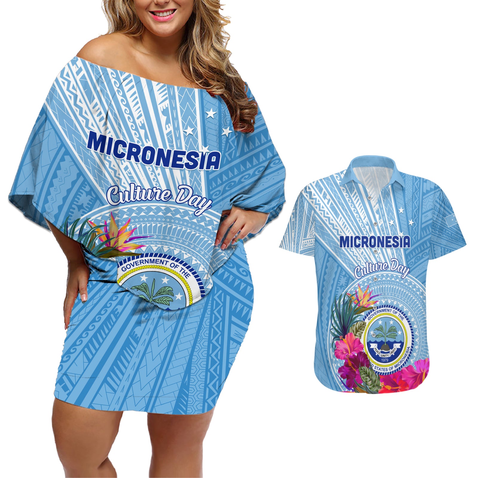 Micronesia Culture Day Couples Matching Off Shoulder Short Dress and Hawaiian Shirt Tribal Pattern Tropical Style LT01 Blue - Polynesian Pride