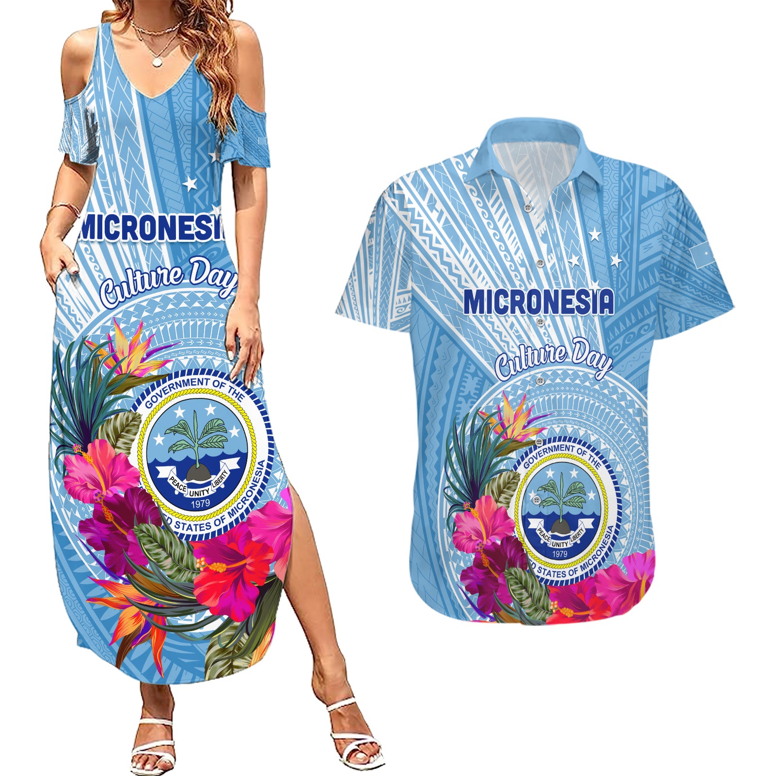 Micronesia Culture Day Couples Matching Summer Maxi Dress and Hawaiian Shirt Tribal Pattern Tropical Style LT01 Blue - Polynesian Pride