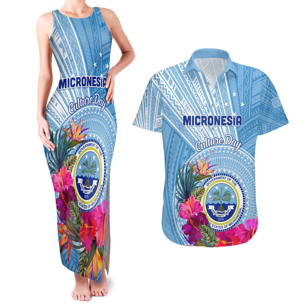Micronesia Culture Day Couples Matching Tank Maxi Dress and Hawaiian Shirt Tribal Pattern Tropical Style LT01 Blue - Polynesian Pride
