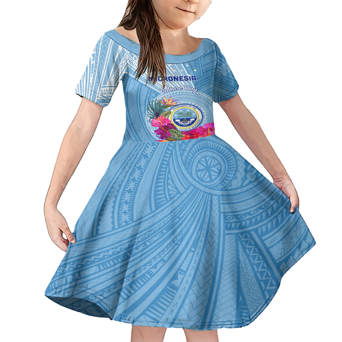 Micronesia Culture Day Family Matching Puletasi and Hawaiian Shirt Tribal Pattern Tropical Style LT01 Daughter's Dress Blue - Polynesian Pride