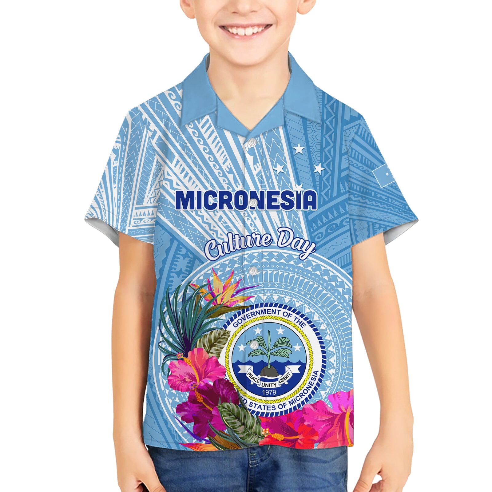 Micronesia Culture Day Kid Hawaiian Shirt Tribal Pattern Tropical Style LT01 Kid Blue - Polynesian Pride