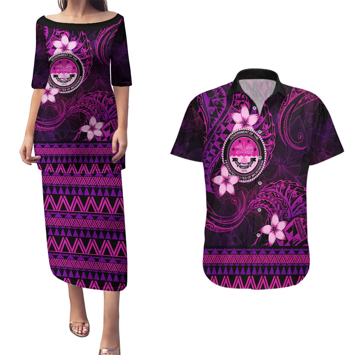 FSM Culture Day Couples Matching Puletasi and Hawaiian Shirt Tribal Pattern Pink Version LT01 Pink - Polynesian Pride