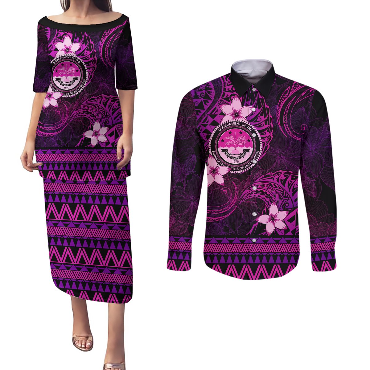 FSM Culture Day Couples Matching Puletasi and Long Sleeve Button Shirt Tribal Pattern Pink Version LT01 Pink - Polynesian Pride