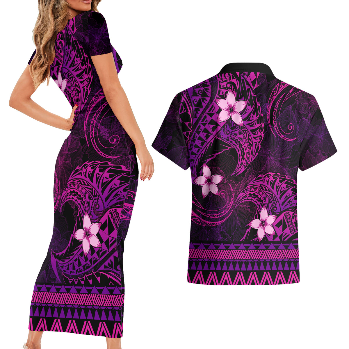 FSM Culture Day Couples Matching Short Sleeve Bodycon Dress and Hawaiian Shirt Tribal Pattern Pink Version LT01 - Polynesian Pride