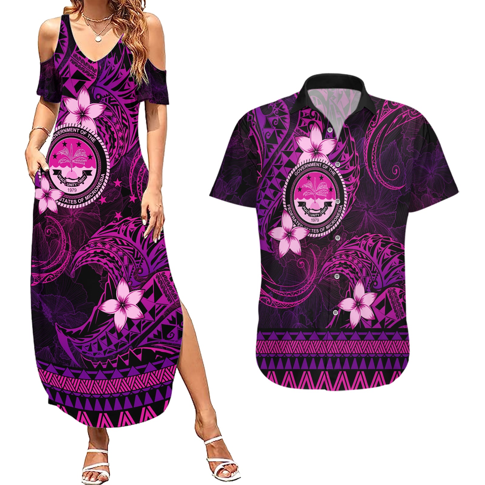 FSM Culture Day Couples Matching Summer Maxi Dress and Hawaiian Shirt Tribal Pattern Pink Version LT01 Pink - Polynesian Pride