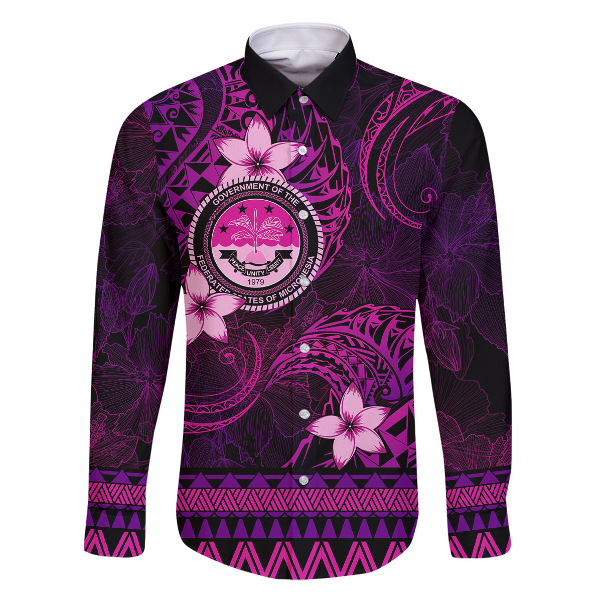 FSM Culture Day Family Matching Off Shoulder Long Sleeve Dress and Hawaiian Shirt Tribal Pattern Pink Version LT01 Dad's Shirt - Long Sleeve Pink - Polynesian Pride