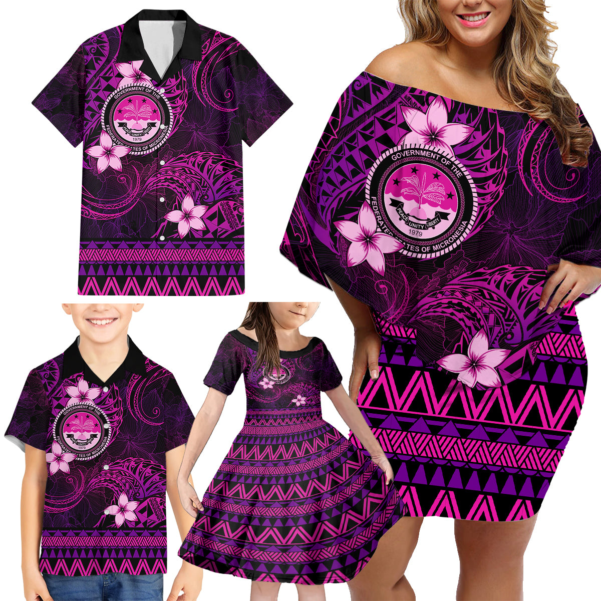FSM Culture Day Family Matching Off Shoulder Short Dress and Hawaiian Shirt Tribal Pattern Pink Version LT01 - Polynesian Pride