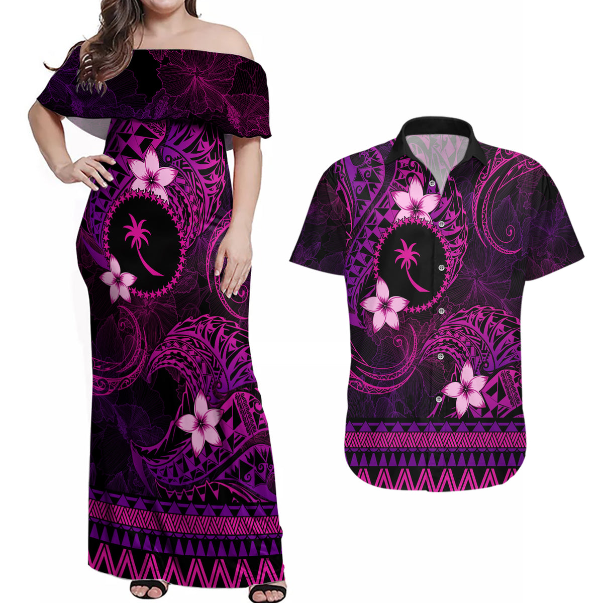 FSM Chuuk State Couples Matching Off Shoulder Maxi Dress and Hawaiian Shirt Tribal Pattern Pink Version LT01 Pink - Polynesian Pride