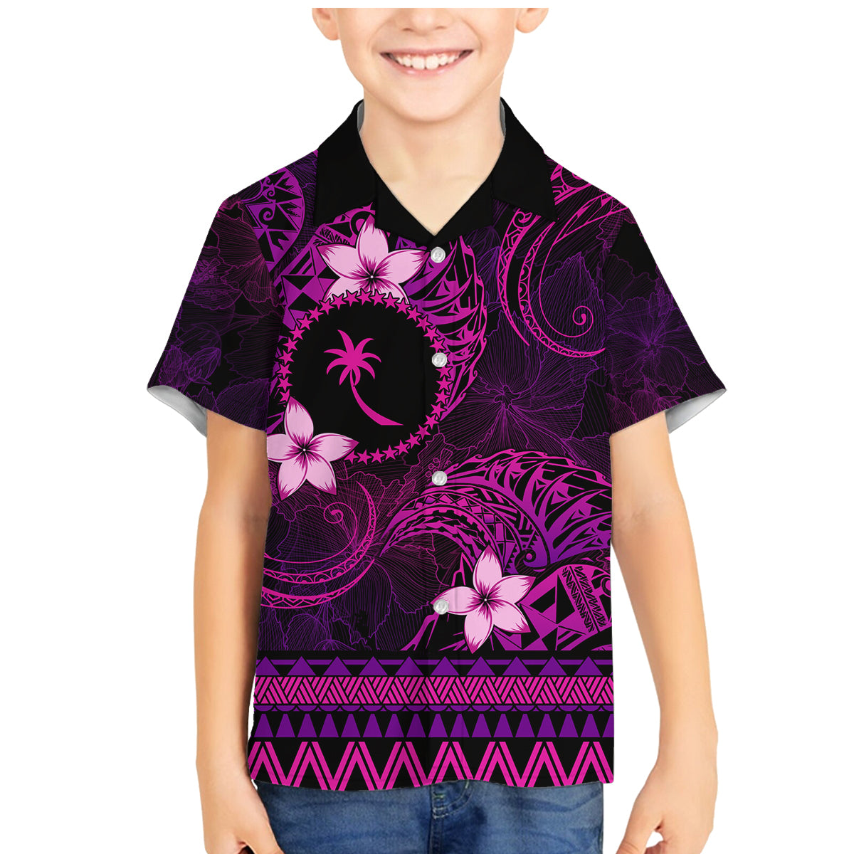 FSM Chuuk State Family Matching Mermaid Dress and Hawaiian Shirt Tribal Pattern Pink Version LT01 Son's Shirt Pink - Polynesian Pride