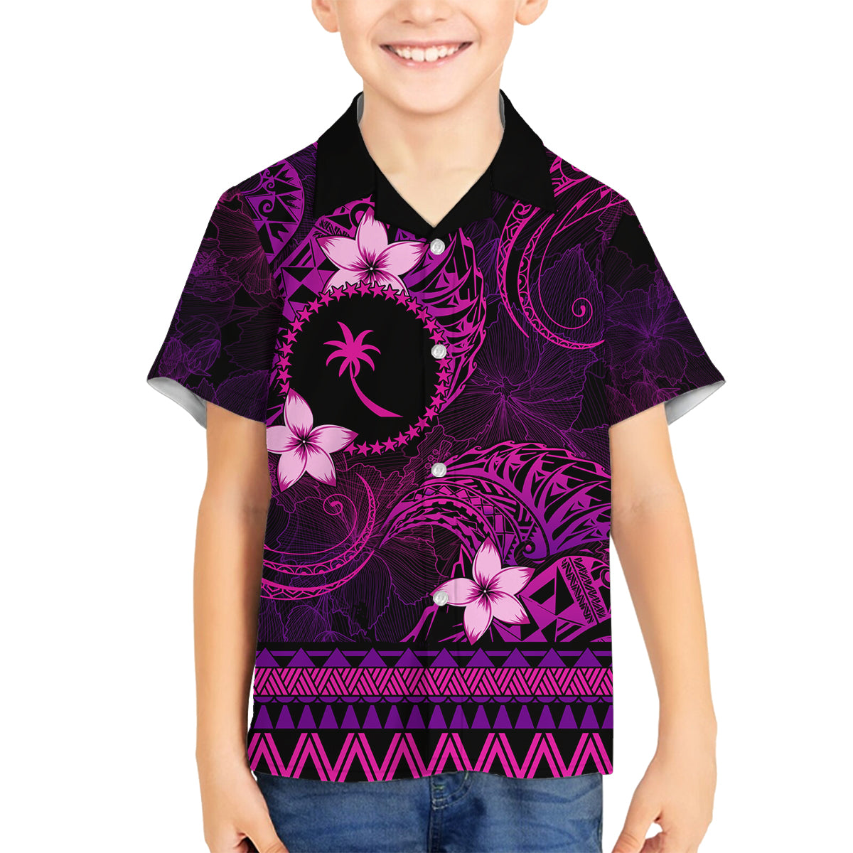 FSM Chuuk State Family Matching Off Shoulder Short Dress and Hawaiian Shirt Tribal Pattern Pink Version LT01 Son's Shirt Pink - Polynesian Pride