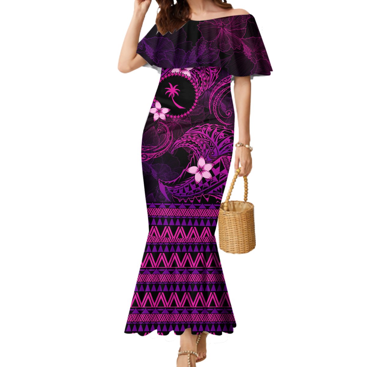 FSM Chuuk State Mermaid Dress Tribal Pattern Pink Version LT01 Women Pink - Polynesian Pride