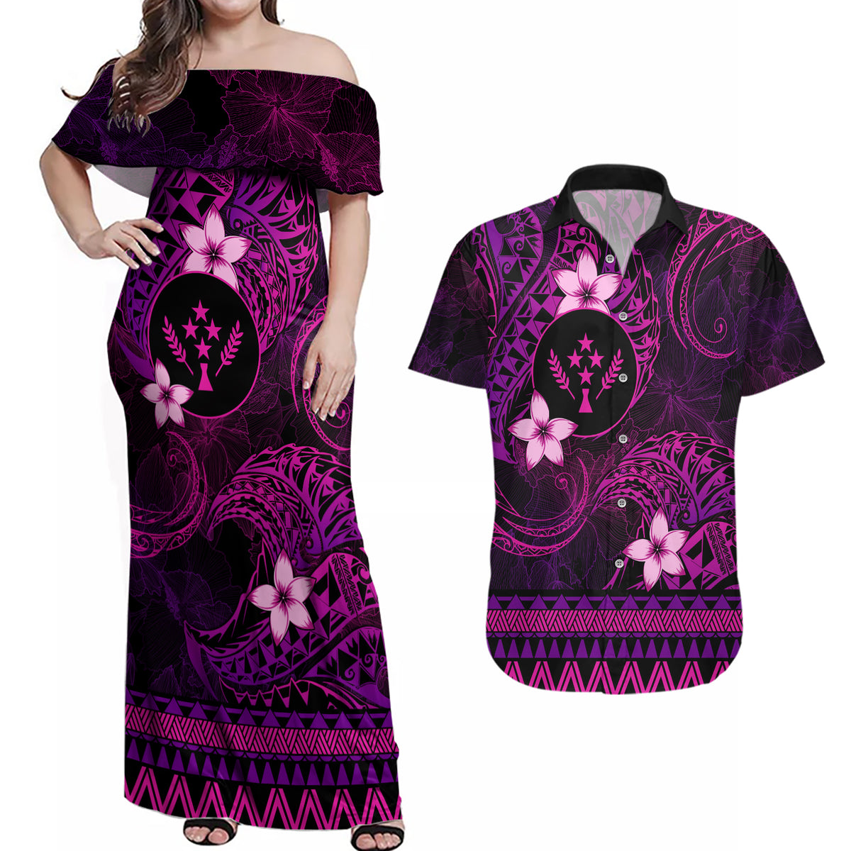 FSM Kosrae State Couples Matching Off Shoulder Maxi Dress and Hawaiian Shirt Tribal Pattern Pink Version LT01 Pink - Polynesian Pride