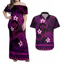 FSM Kosrae State Couples Matching Off Shoulder Maxi Dress and Hawaiian Shirt Tribal Pattern Pink Version LT01 Pink - Polynesian Pride