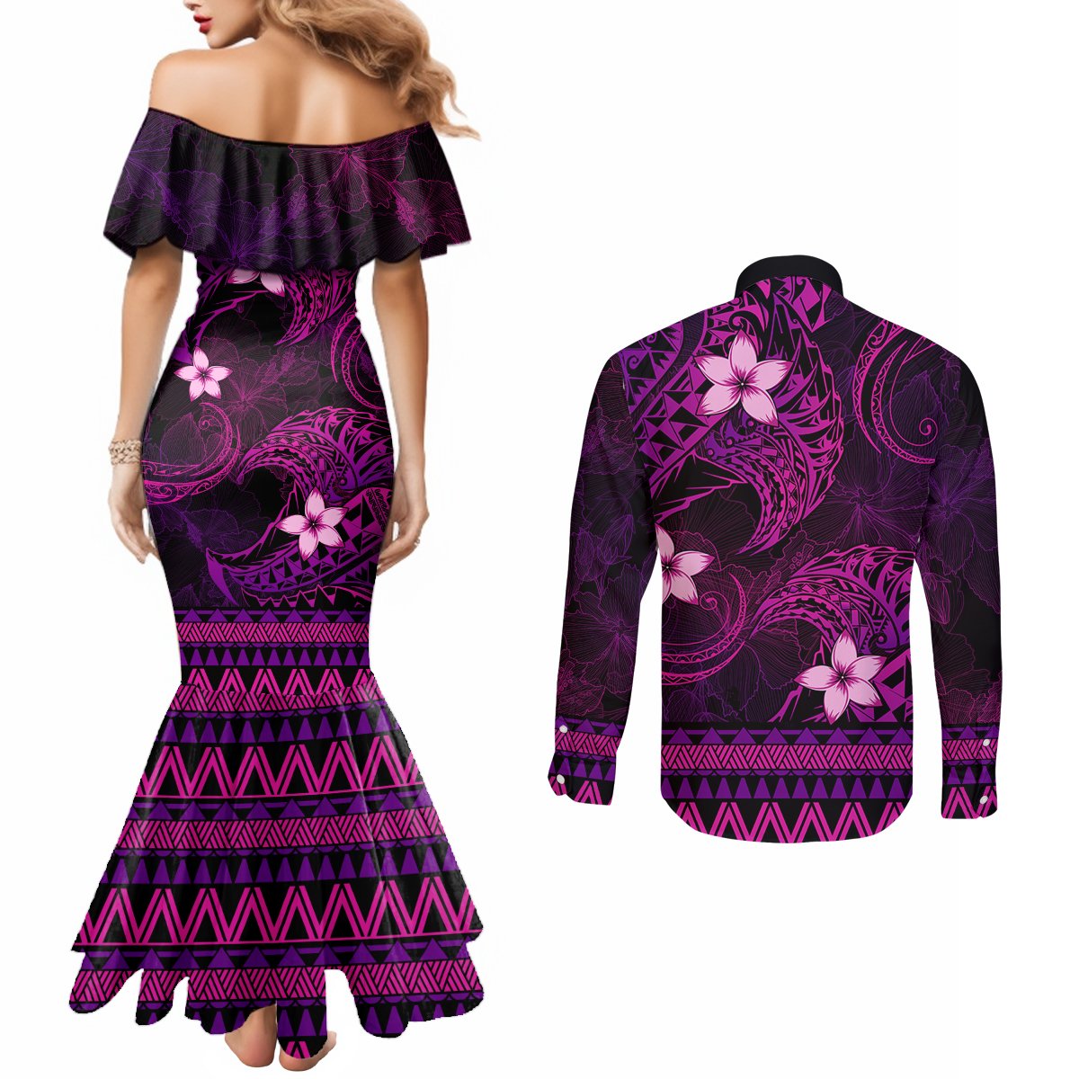 FSM Pohnpei State Couples Matching Mermaid Dress and Long Sleeve Button Shirt Tribal Pattern Pink Version LT01 - Polynesian Pride