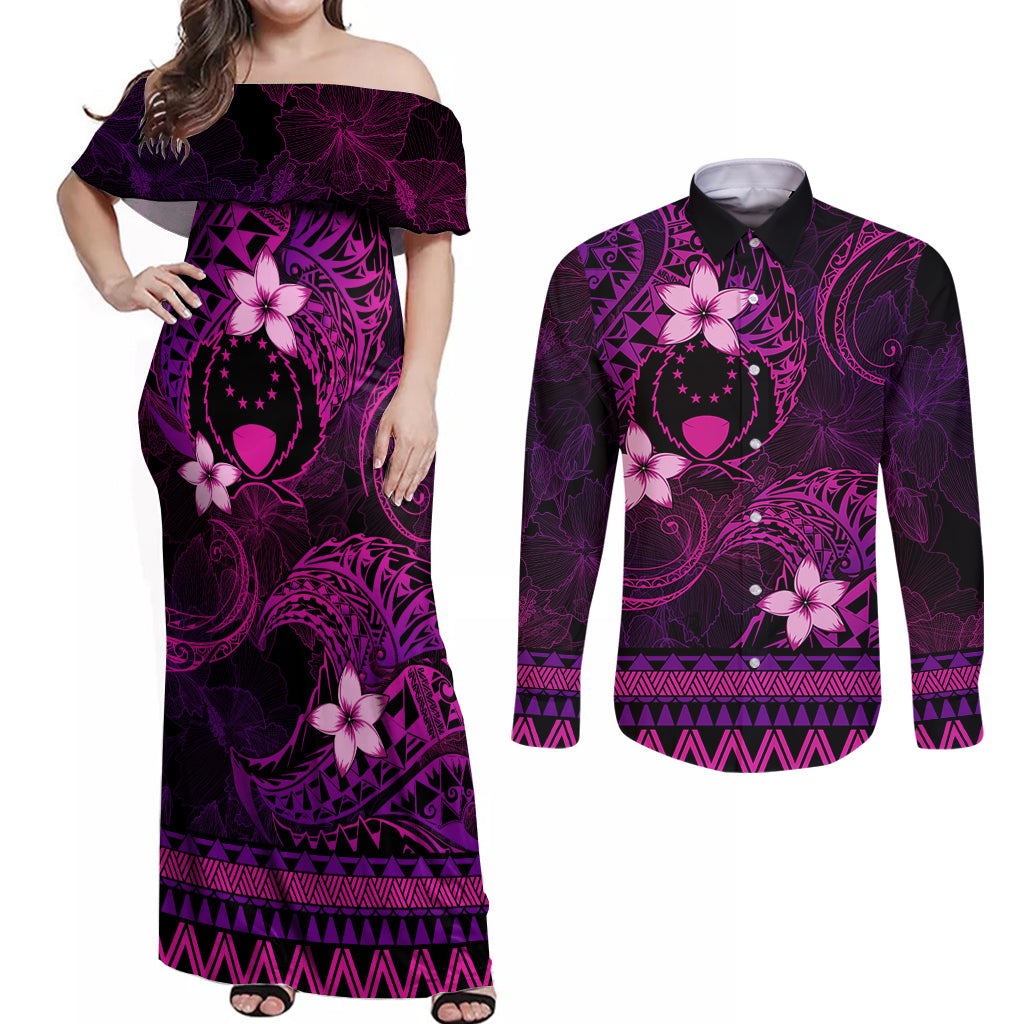FSM Pohnpei State Couples Matching Off Shoulder Maxi Dress and Long Sleeve Button Shirt Tribal Pattern Pink Version LT01 Pink - Polynesian Pride