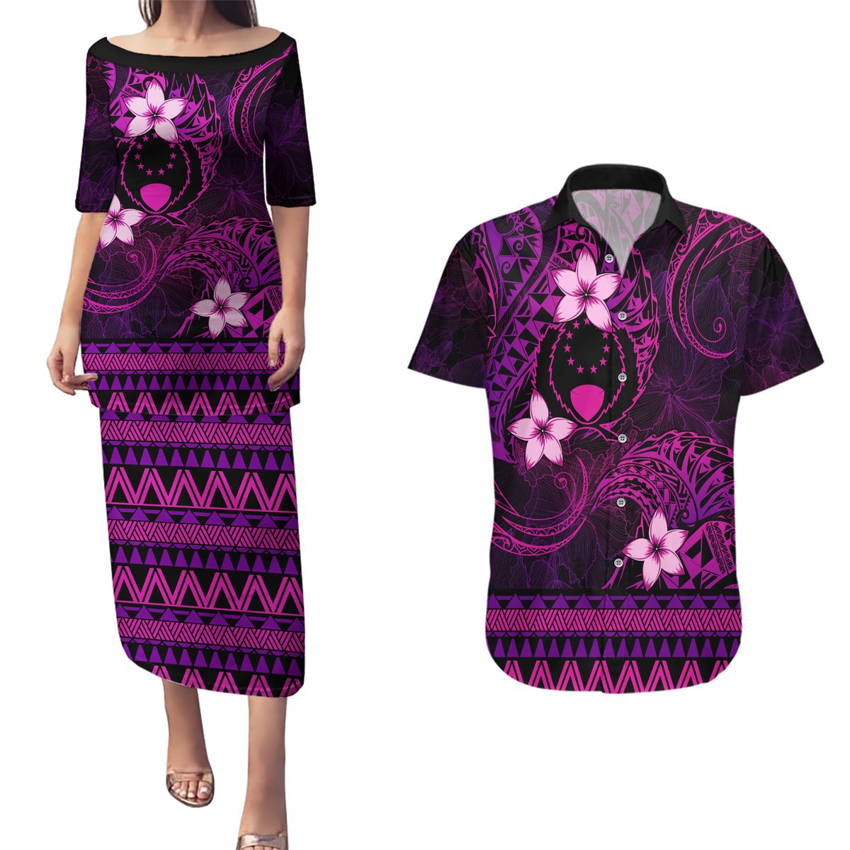 FSM Pohnpei State Couples Matching Puletasi and Hawaiian Shirt Tribal Pattern Pink Version LT01 Pink - Polynesian Pride