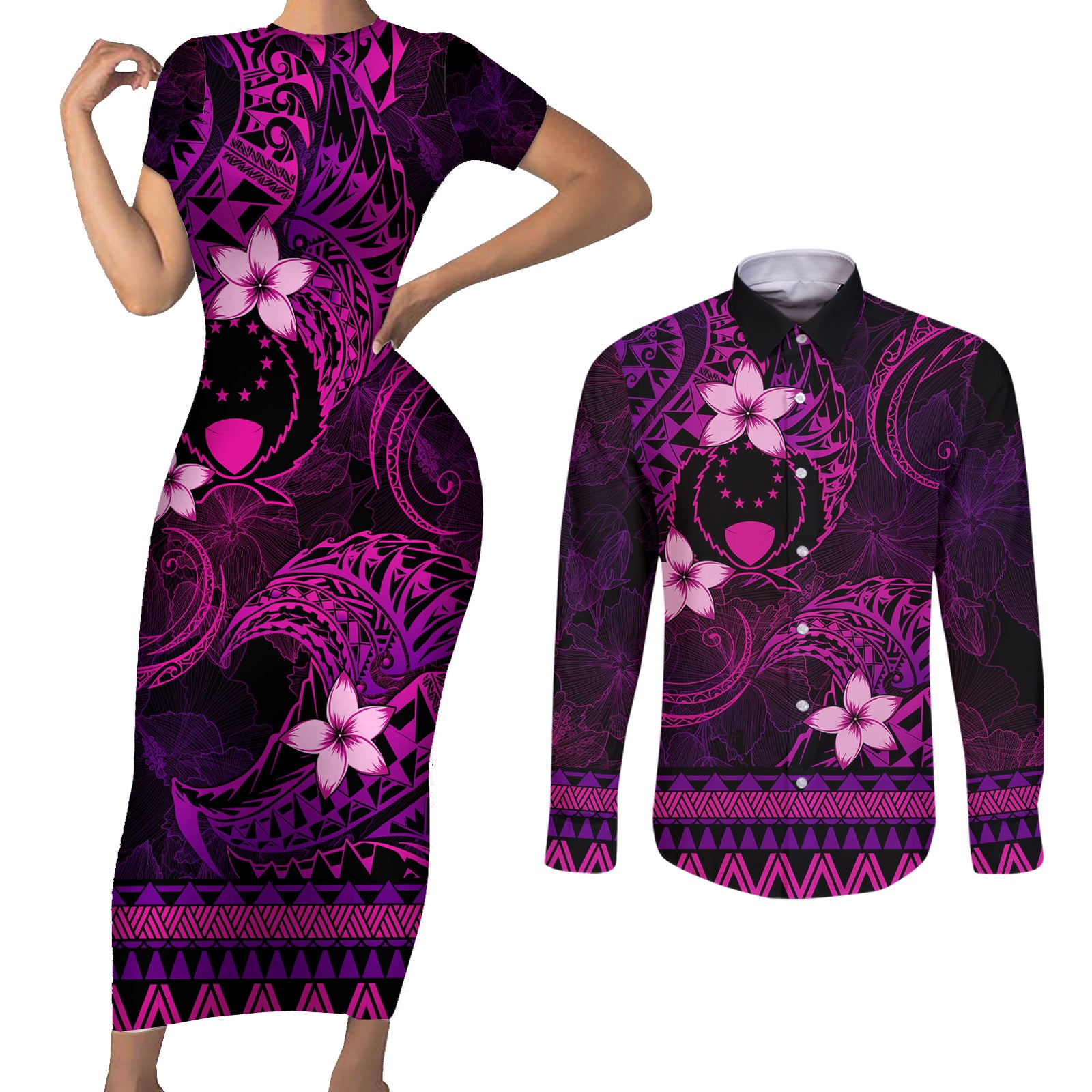 FSM Pohnpei State Couples Matching Short Sleeve Bodycon Dress and Long Sleeve Button Shirt Tribal Pattern Pink Version LT01 Pink - Polynesian Pride