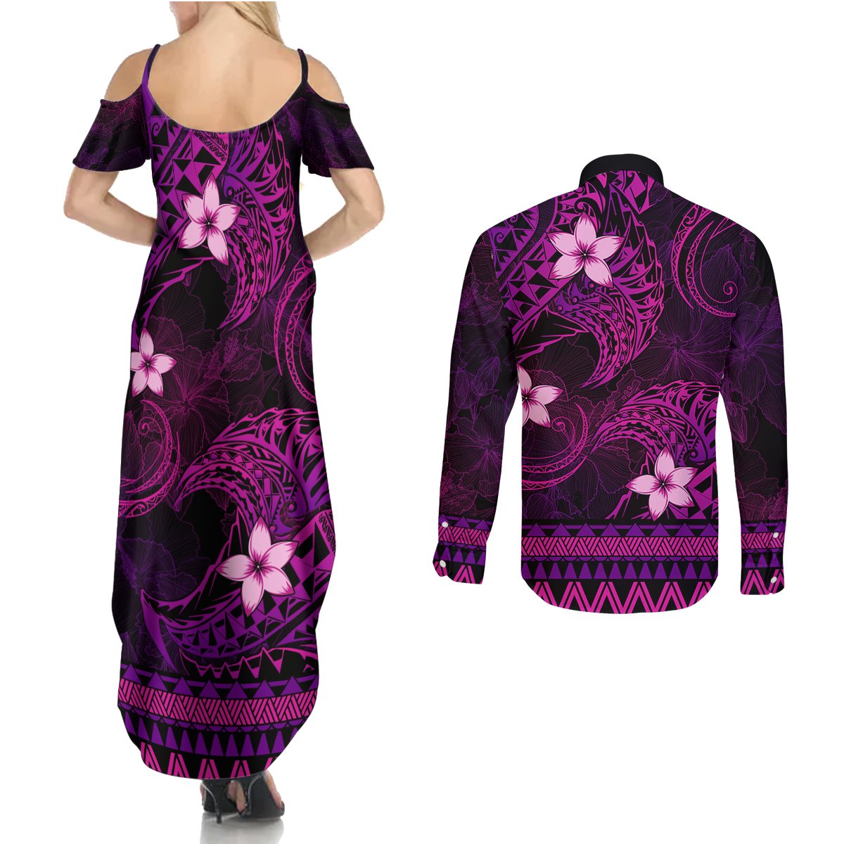 FSM Pohnpei State Couples Matching Summer Maxi Dress and Long Sleeve Button Shirt Tribal Pattern Pink Version LT01 - Polynesian Pride