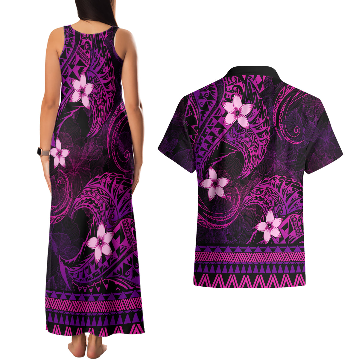 FSM Pohnpei State Couples Matching Tank Maxi Dress and Hawaiian Shirt Tribal Pattern Pink Version LT01 - Polynesian Pride