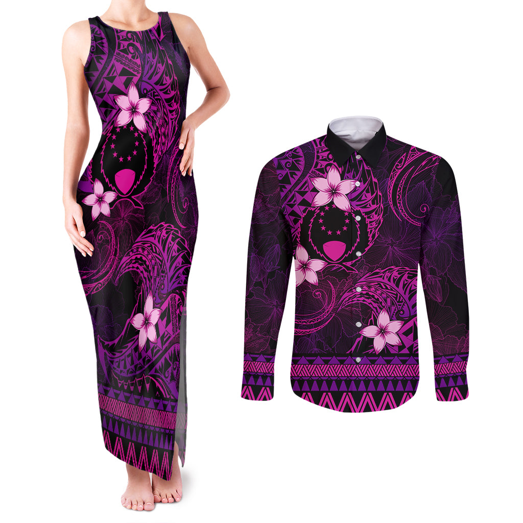 FSM Pohnpei State Couples Matching Tank Maxi Dress and Long Sleeve Button Shirt Tribal Pattern Pink Version LT01 Pink - Polynesian Pride