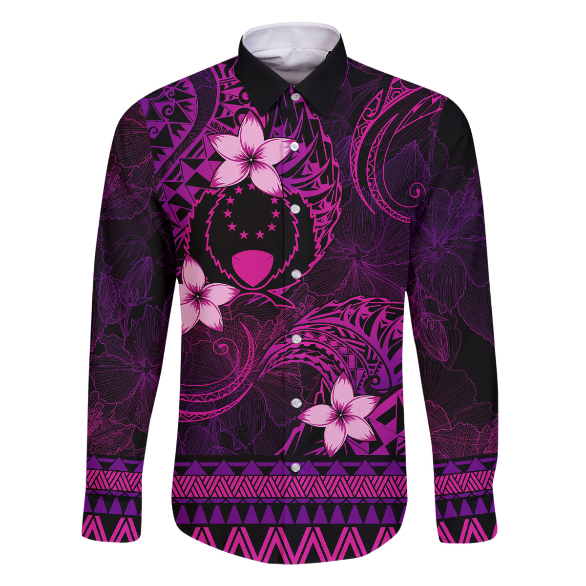 FSM Pohnpei State Family Matching Mermaid Dress and Hawaiian Shirt Tribal Pattern Pink Version LT01 Dad's Shirt - Long Sleeve Pink - Polynesian Pride