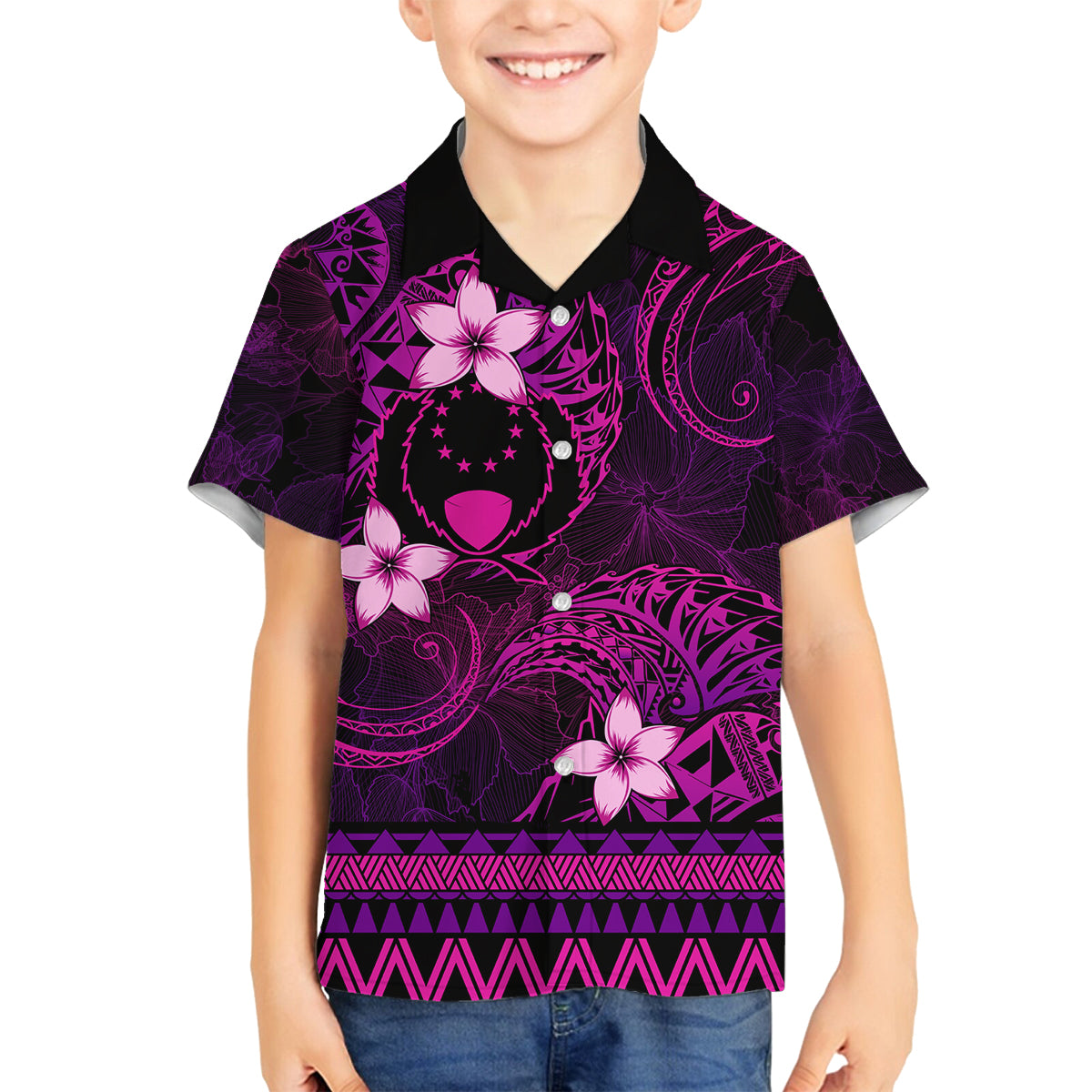 FSM Pohnpei State Family Matching Off Shoulder Short Dress and Hawaiian Shirt Tribal Pattern Pink Version LT01 Son's Shirt Pink - Polynesian Pride