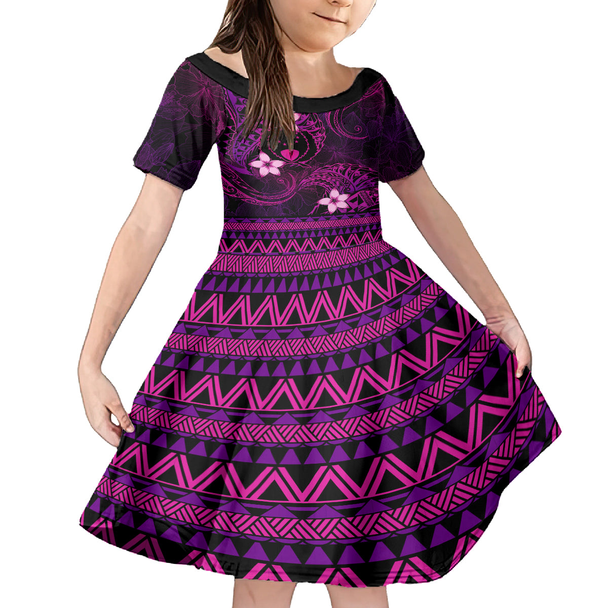 FSM Pohnpei State Kid Short Sleeve Dress Tribal Pattern Pink Version LT01 KID Pink - Polynesian Pride
