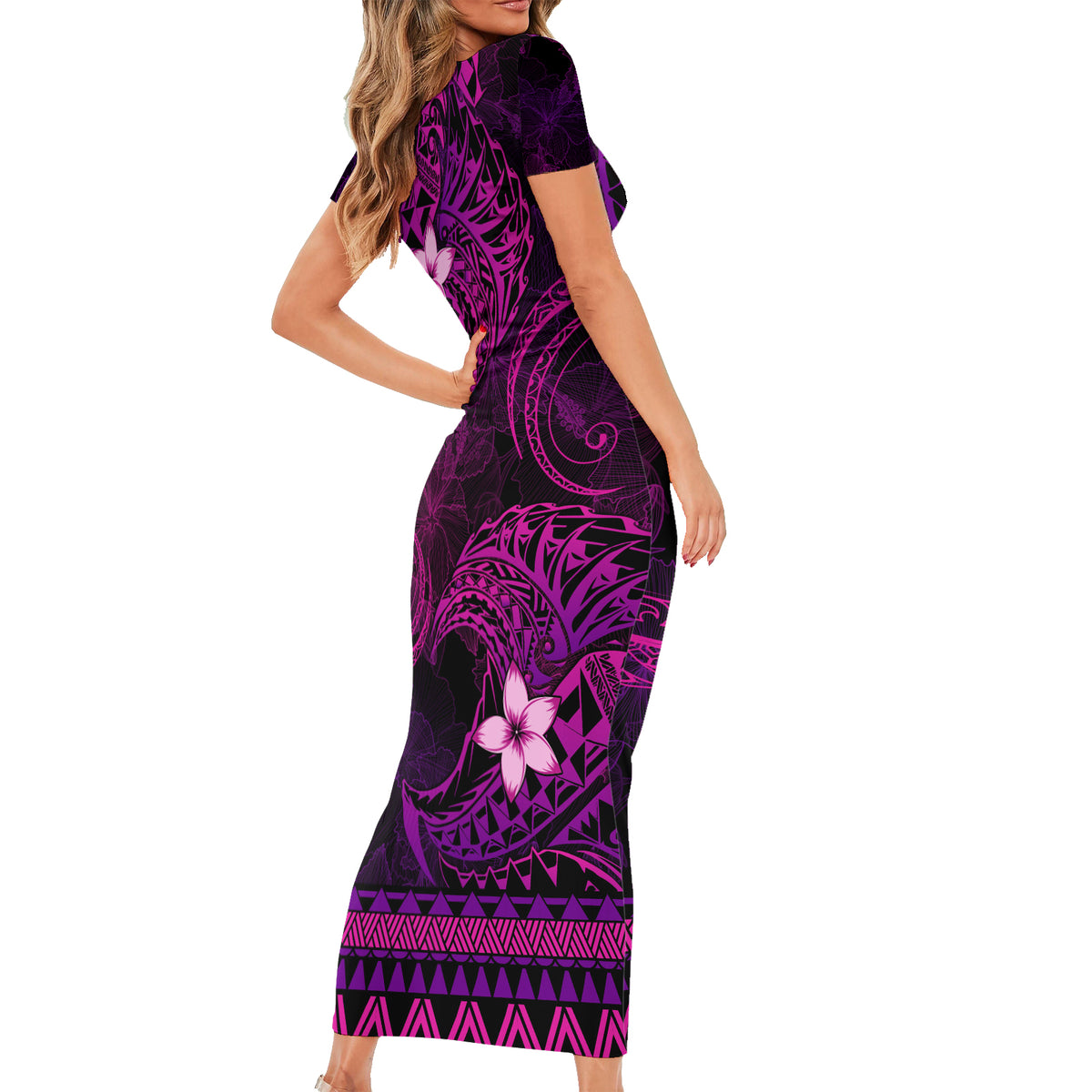 FSM Pohnpei State Short Sleeve Bodycon Dress Tribal Pattern Pink Version LT01 - Polynesian Pride