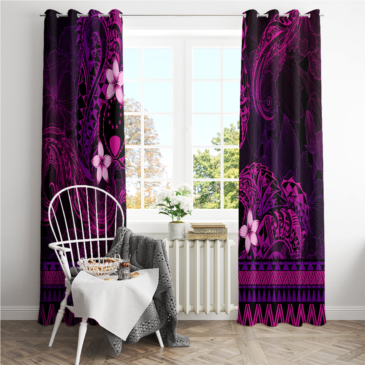 FSM Pohnpei State Window Curtain Tribal Pattern Pink Version LT01 - Polynesian Pride