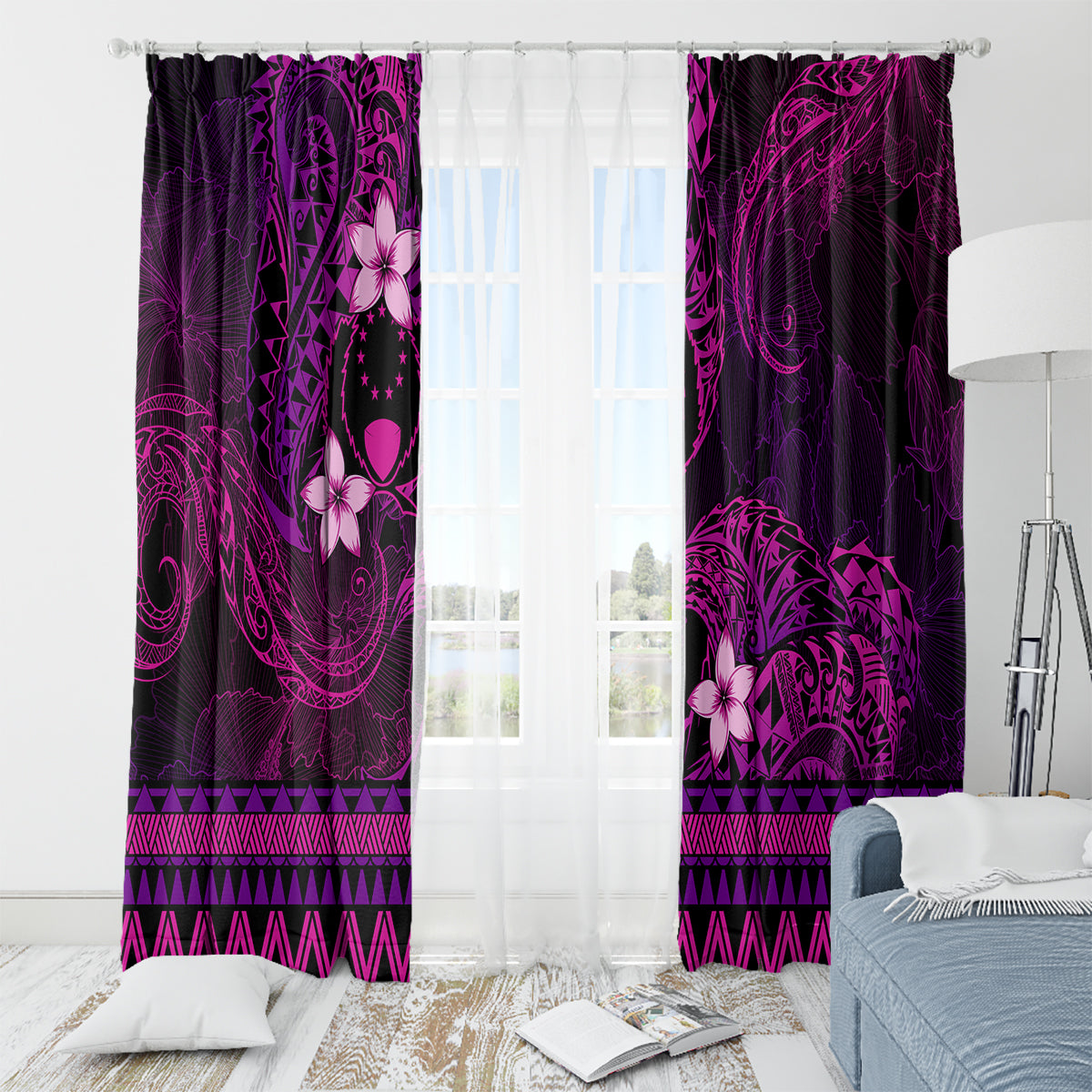 FSM Pohnpei State Window Curtain Tribal Pattern Pink Version LT01 - Polynesian Pride