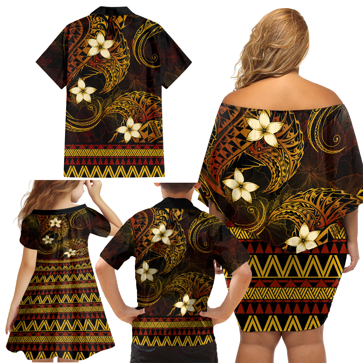 FSM Culture Day Family Matching Off Shoulder Short Dress and Hawaiian Shirt Tribal Pattern Gold Version LT01 - Polynesian Pride