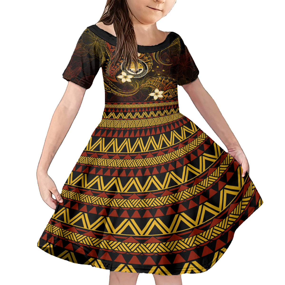 FSM Culture Day Family Matching Tank Maxi Dress and Hawaiian Shirt Tribal Pattern Gold Version LT01 Daughter's Dress Gold - Polynesian Pride