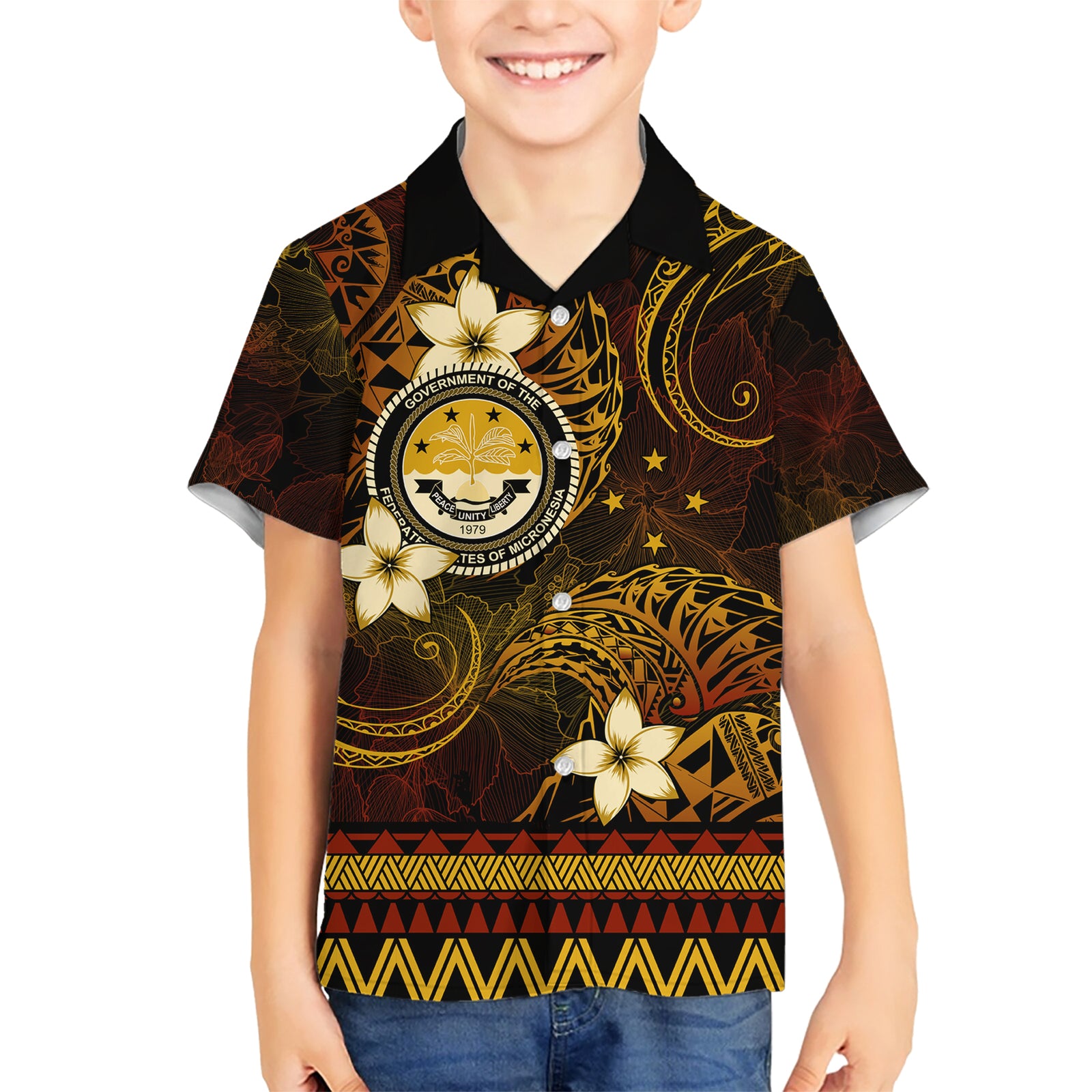 FSM Culture Day Kid Hawaiian Shirt Tribal Pattern Gold Version LT01 Kid Gold - Polynesian Pride