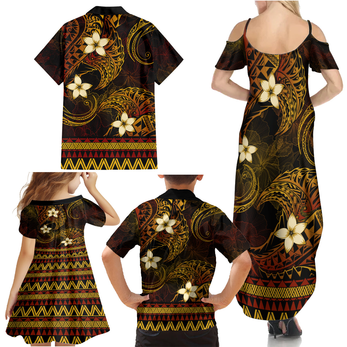 FSM Chuuk State Family Matching Summer Maxi Dress and Hawaiian Shirt Tribal Pattern Gold Version LT01 - Polynesian Pride
