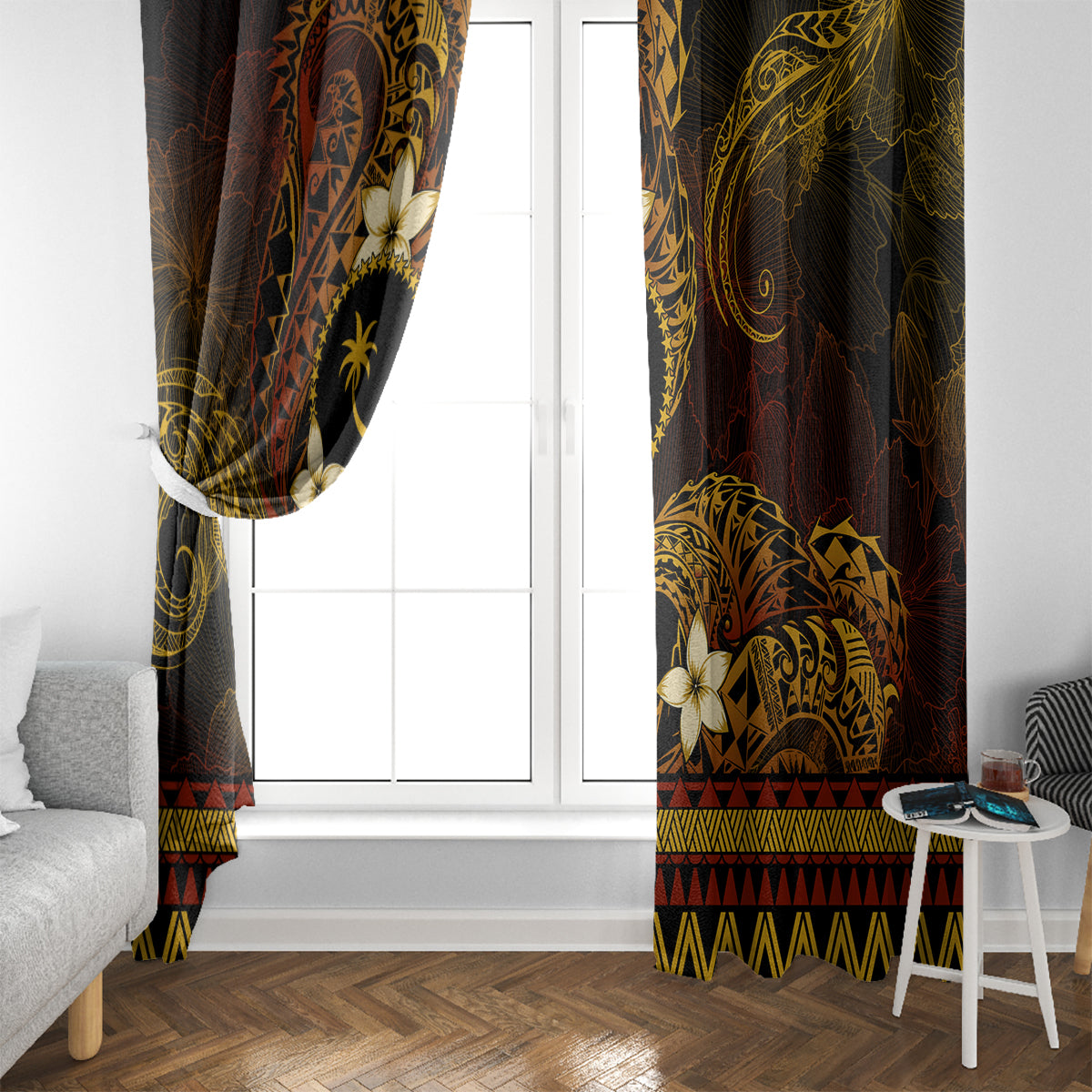 FSM Chuuk State Window Curtain Tribal Pattern Gold Version LT01 - Polynesian Pride