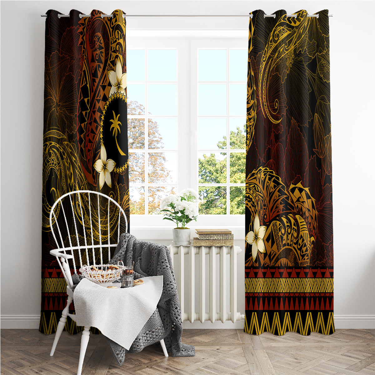 FSM Chuuk State Window Curtain Tribal Pattern Gold Version LT01 - Polynesian Pride