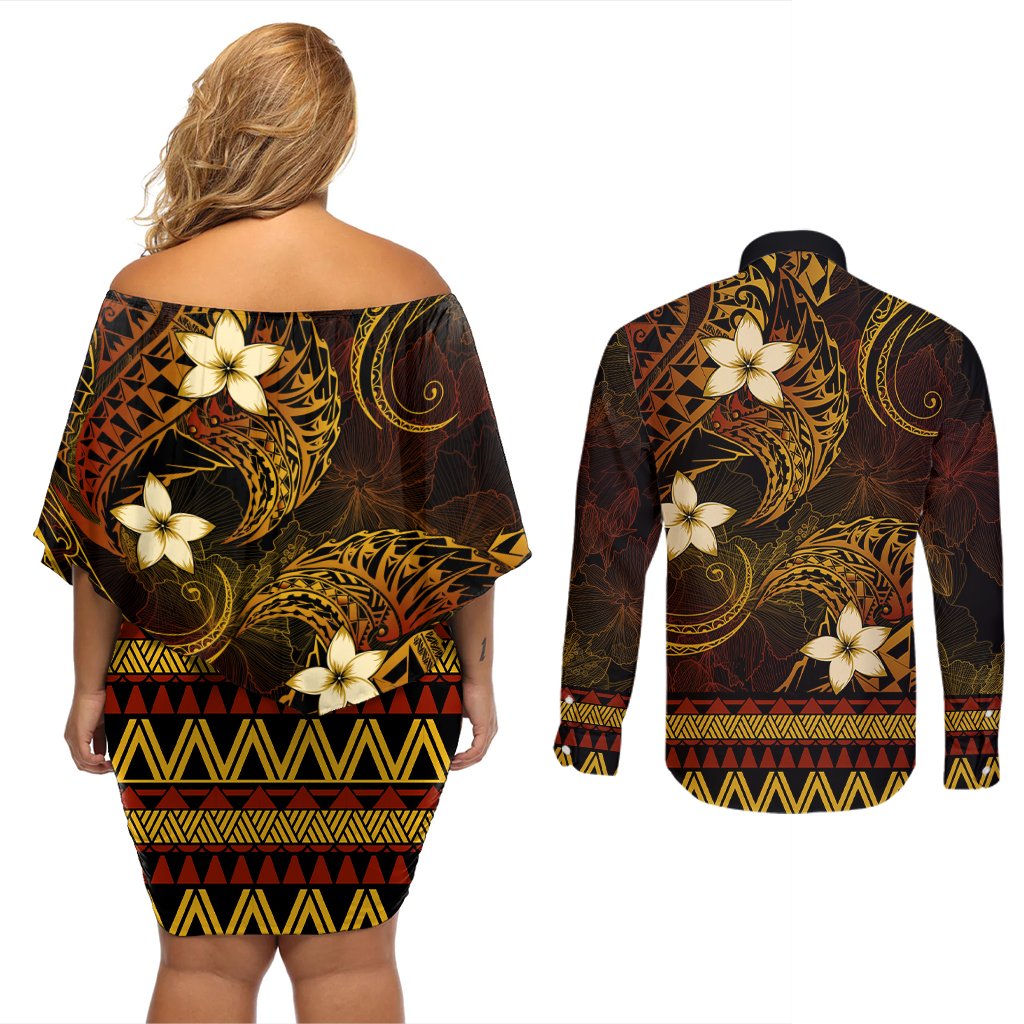 FSM Kosrae State Couples Matching Off Shoulder Short Dress and Long Sleeve Button Shirt Tribal Pattern Gold Version LT01 - Polynesian Pride