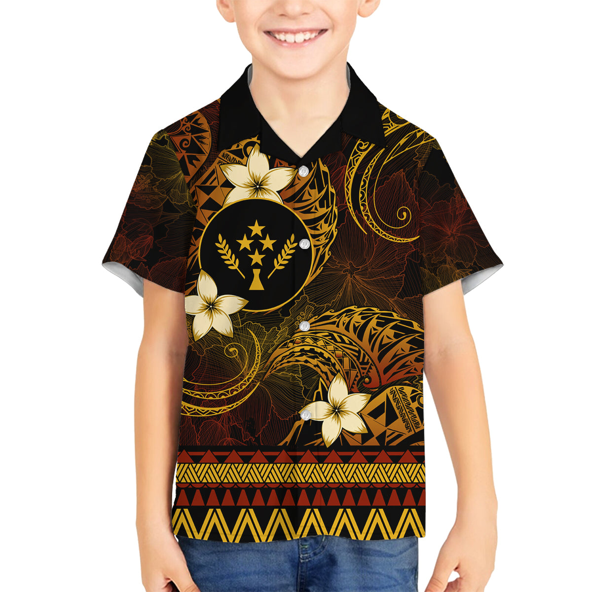 FSM Kosrae State Family Matching Summer Maxi Dress and Hawaiian Shirt Tribal Pattern Gold Version LT01 Son's Shirt Gold - Polynesian Pride
