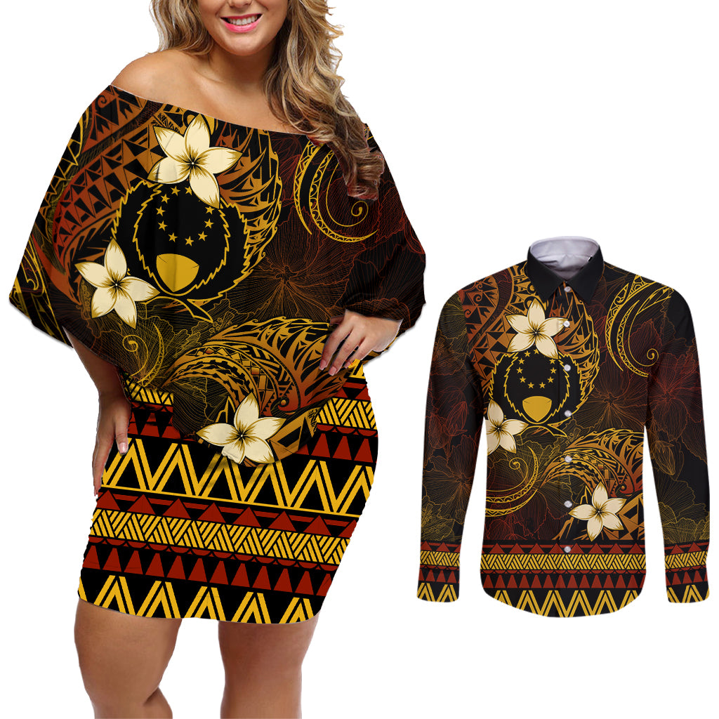 FSM Pohnpei State Couples Matching Off Shoulder Short Dress and Long Sleeve Button Shirt Tribal Pattern Gold Version LT01 Gold - Polynesian Pride