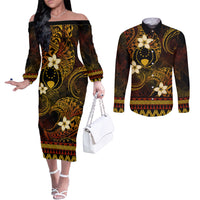FSM Pohnpei State Couples Matching Off The Shoulder Long Sleeve Dress and Long Sleeve Button Shirt Tribal Pattern Gold Version LT01 Gold - Polynesian Pride
