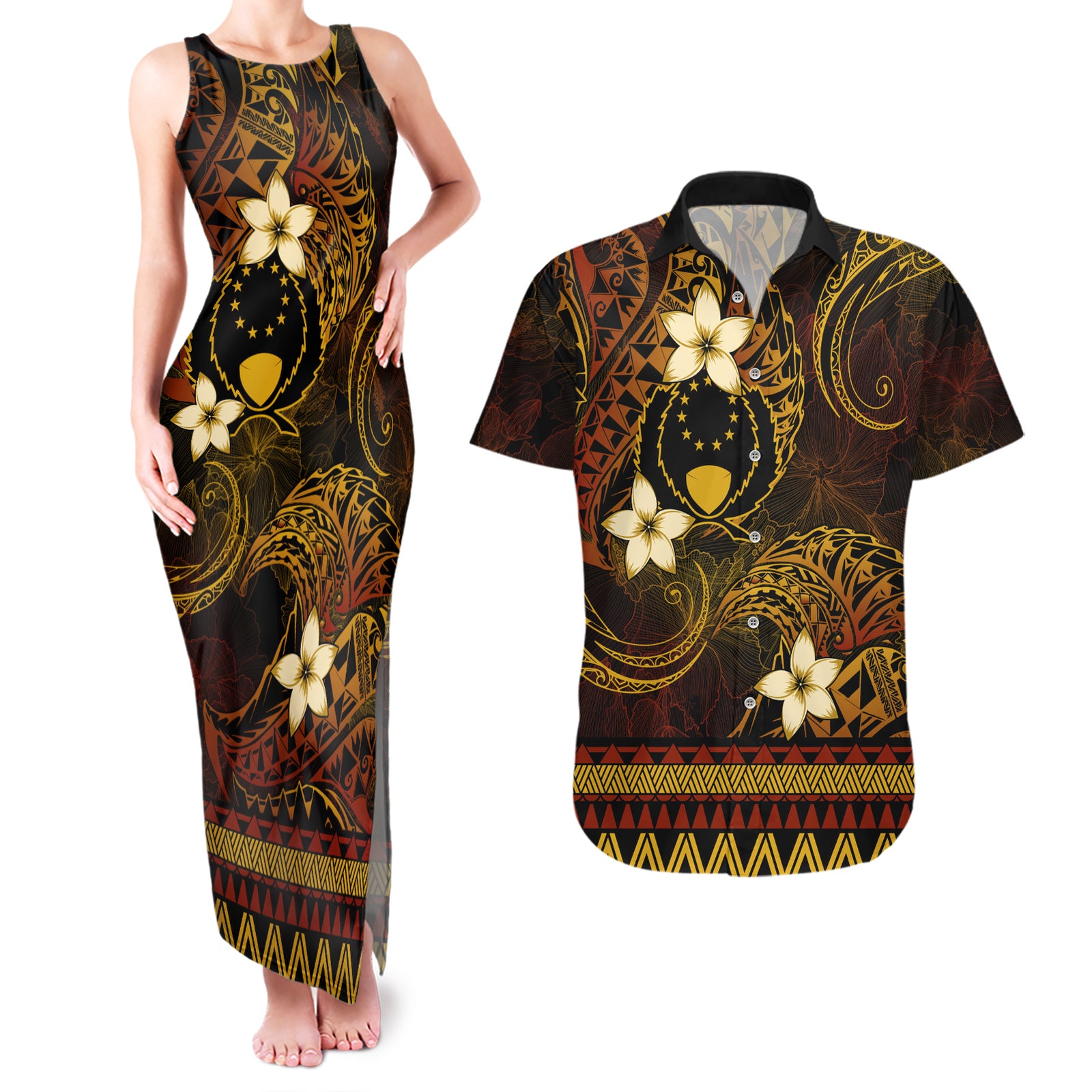 FSM Pohnpei State Couples Matching Tank Maxi Dress and Hawaiian Shirt Tribal Pattern Gold Version LT01 Gold - Polynesian Pride
