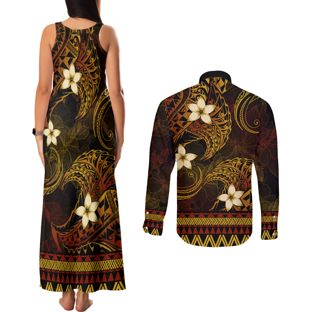 FSM Pohnpei State Couples Matching Tank Maxi Dress and Long Sleeve Button Shirt Tribal Pattern Gold Version LT01 - Polynesian Pride