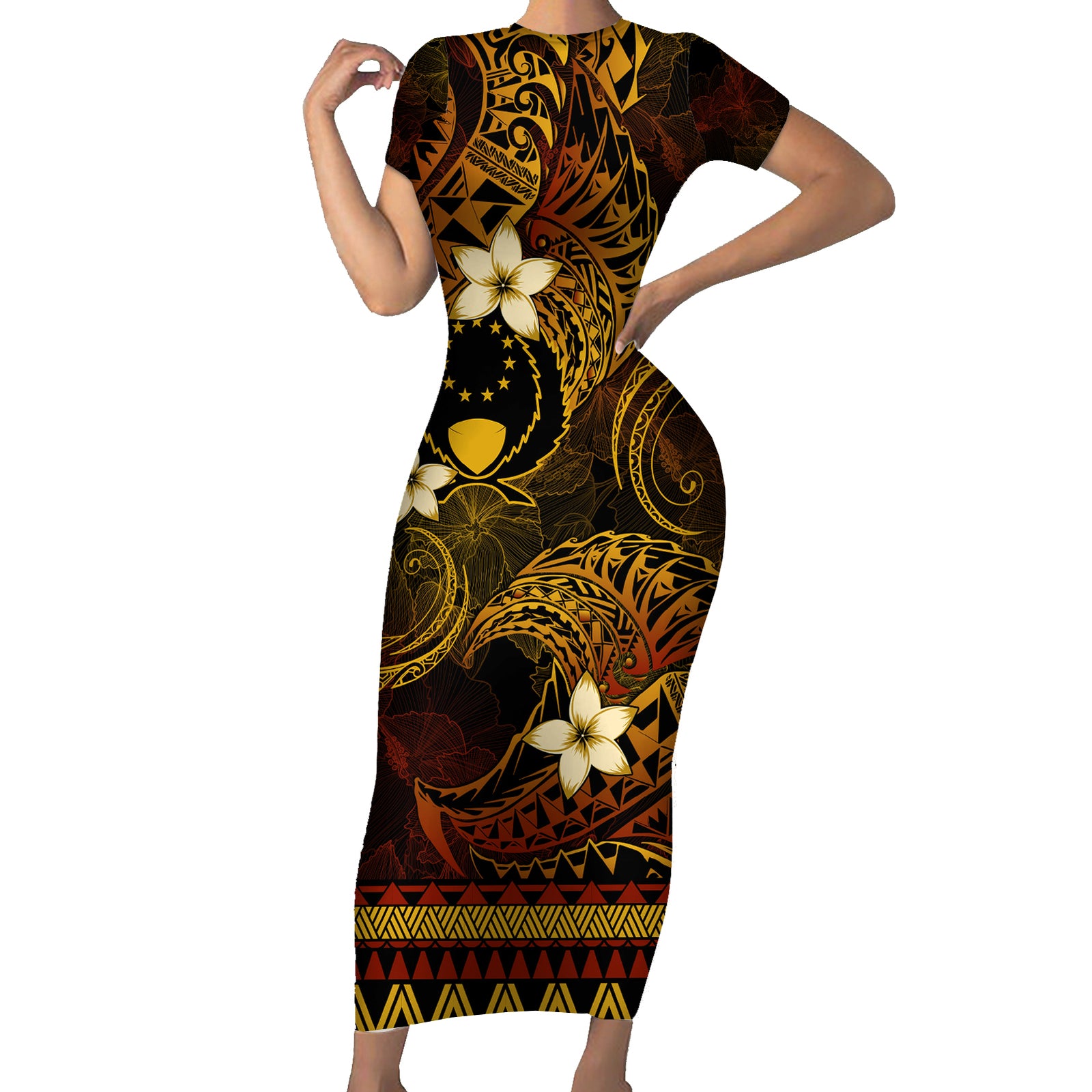 FSM Pohnpei State Short Sleeve Bodycon Dress Tribal Pattern Gold Version LT01 Long Dress Gold - Polynesian Pride
