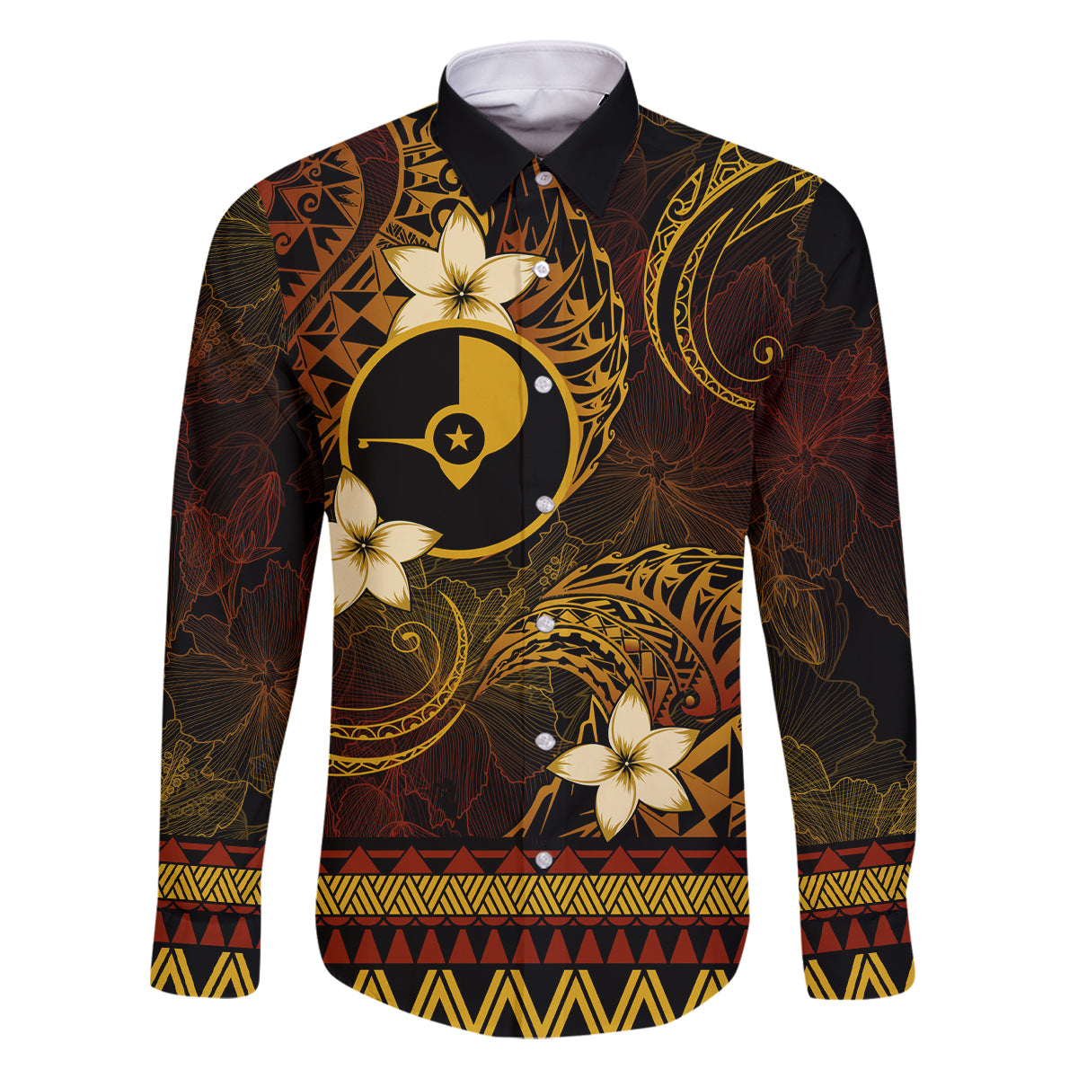 FSM Yap State Family Matching Tank Maxi Dress and Hawaiian Shirt Tribal Pattern Gold Version LT01 Dad's Shirt - Long Sleeve Gold - Polynesian Pride
